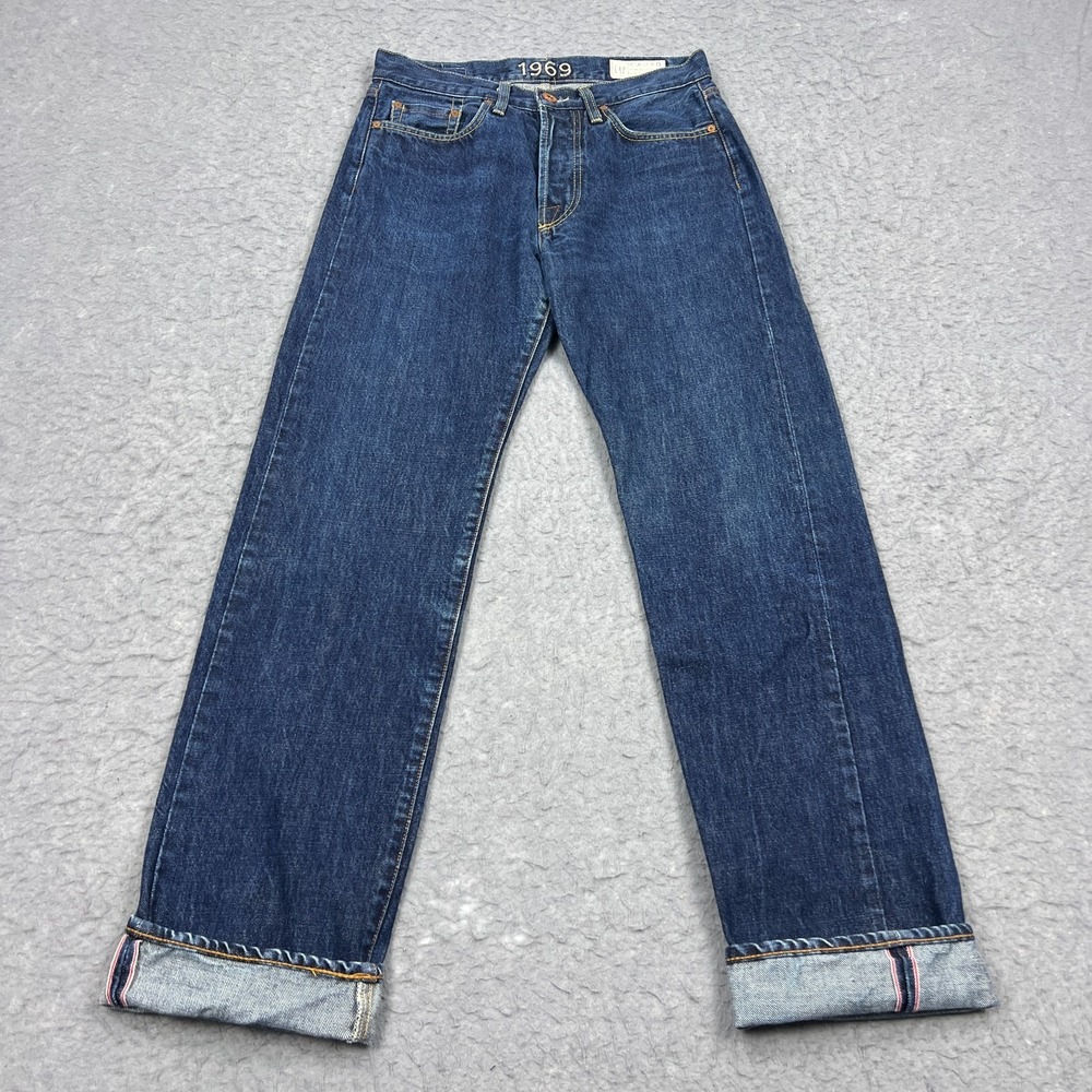 Gap 1969 Selvedge Jeans Men's 31x34* Blue‎ Dark Denim Straight Button Fly Italy